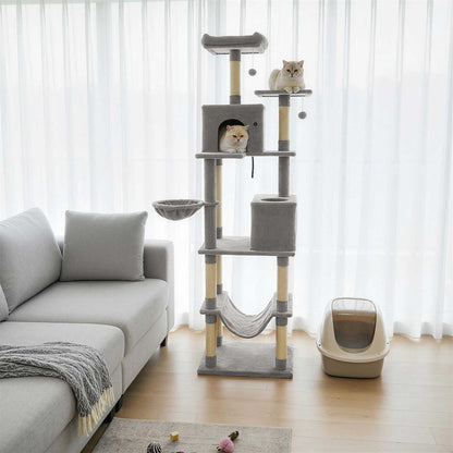 80 Inches Tall Cat Tree with 2 Large Condos and Dangling Toys-Beige