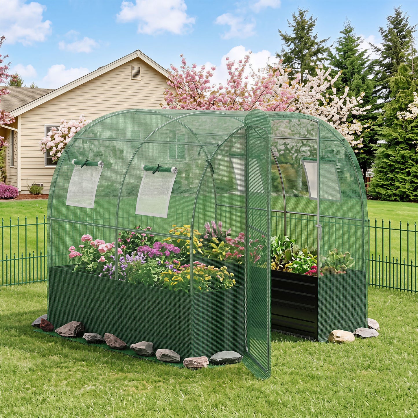 80 x 79 x 79 Inches Walk-in Greenhouse with Large Plant Bed-Green