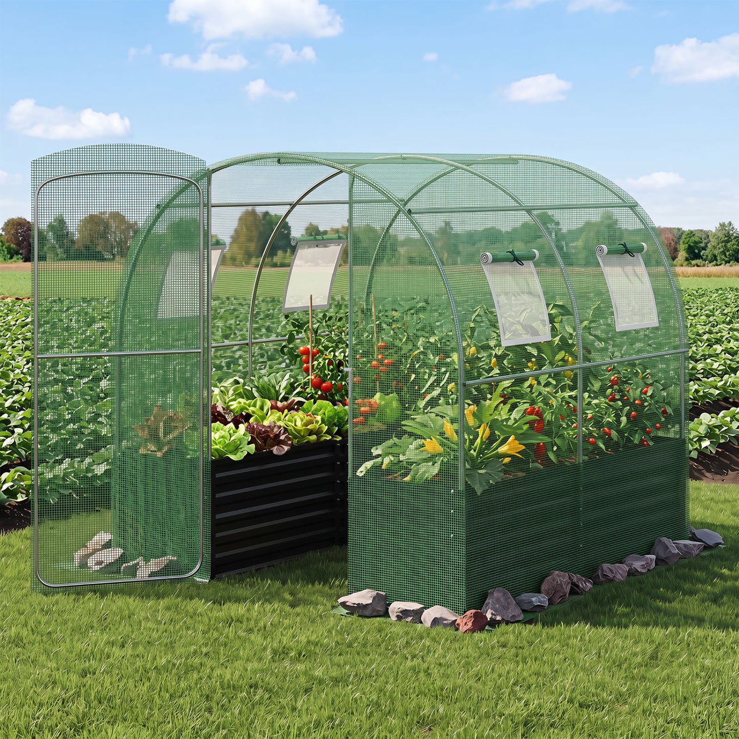 80 x 79 x 79 Inches Walk-in Greenhouse with Large Plant Bed-Green
