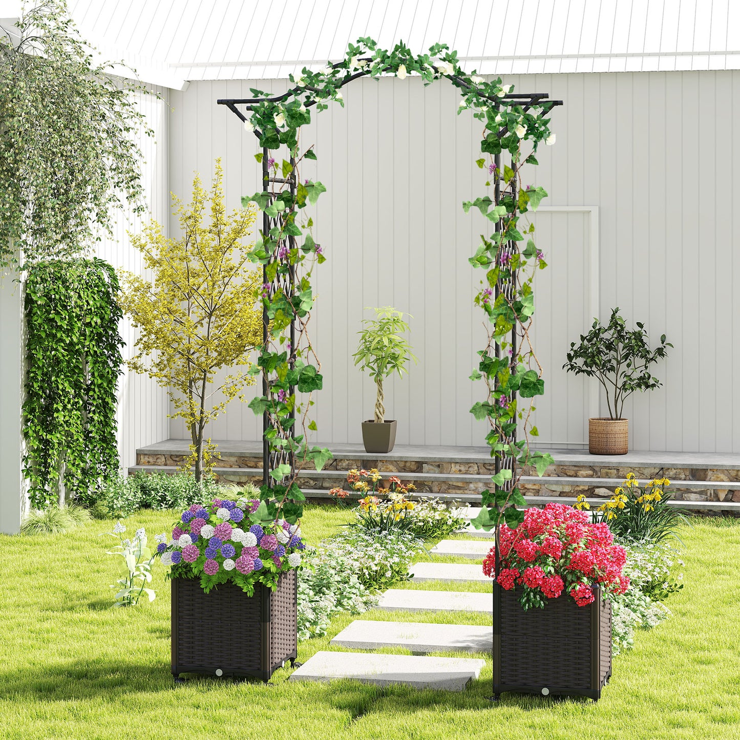 82 x 99 Inch Garden Arch Trellis with 2 Self-Watering Planter Boxes Wheels-Black