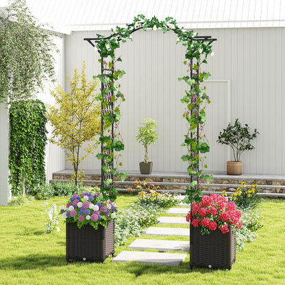 82 x 99 Inch Garden Arch Trellis with 2 Self-Watering Planter Boxes Wheels-Black