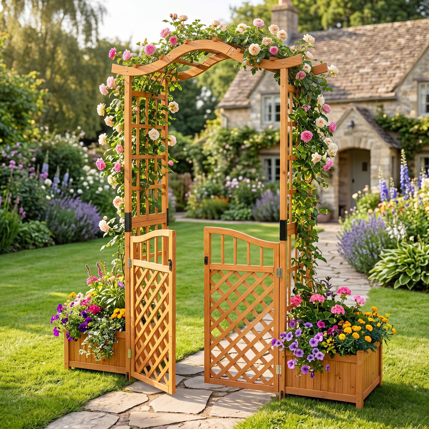 Yellow 83-inch garden arbor with gate and two planter boxes, outdoor decorative accessory by Wilsons Home Store.