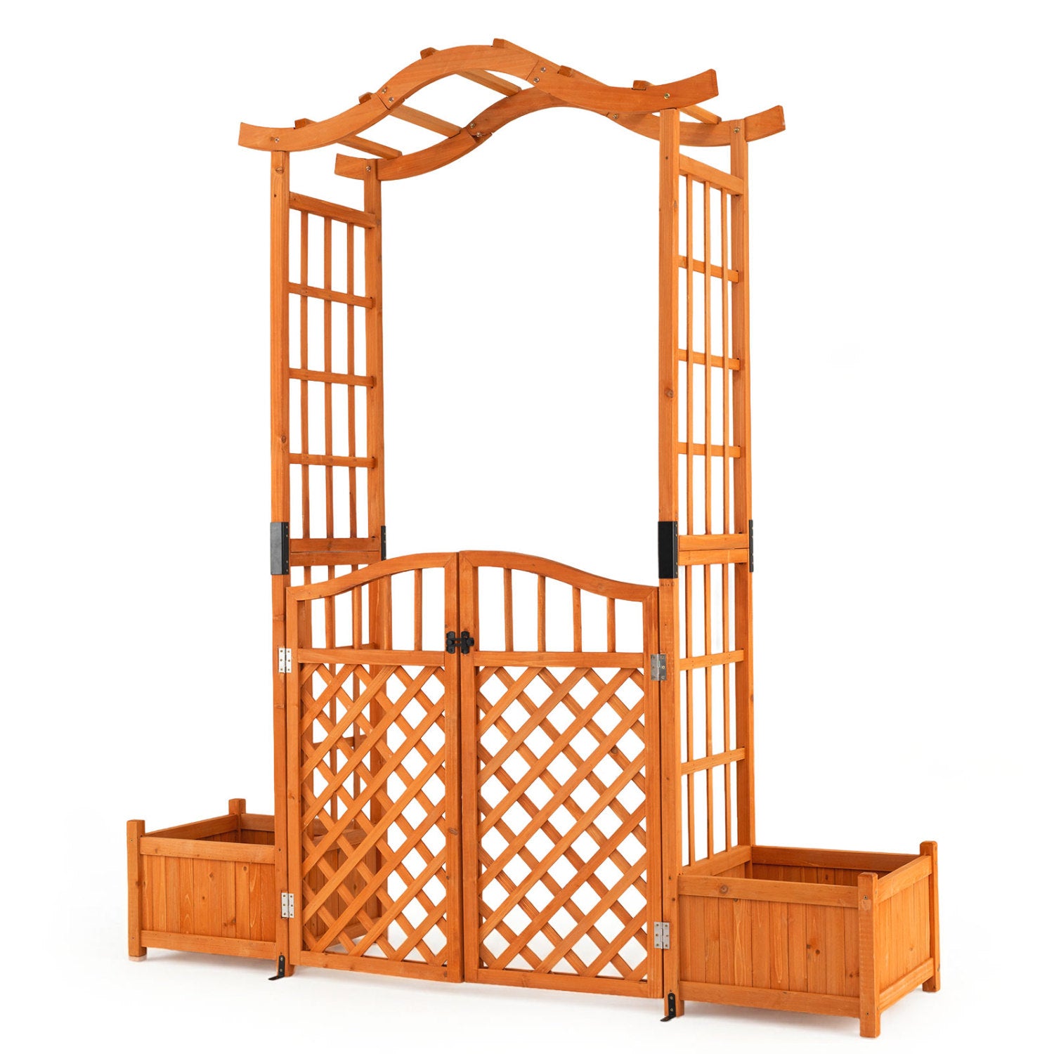 Yellow 83-inch garden arbor with gate and two planter boxes, decorative outdoor garden accessory by Wilsons Home Store