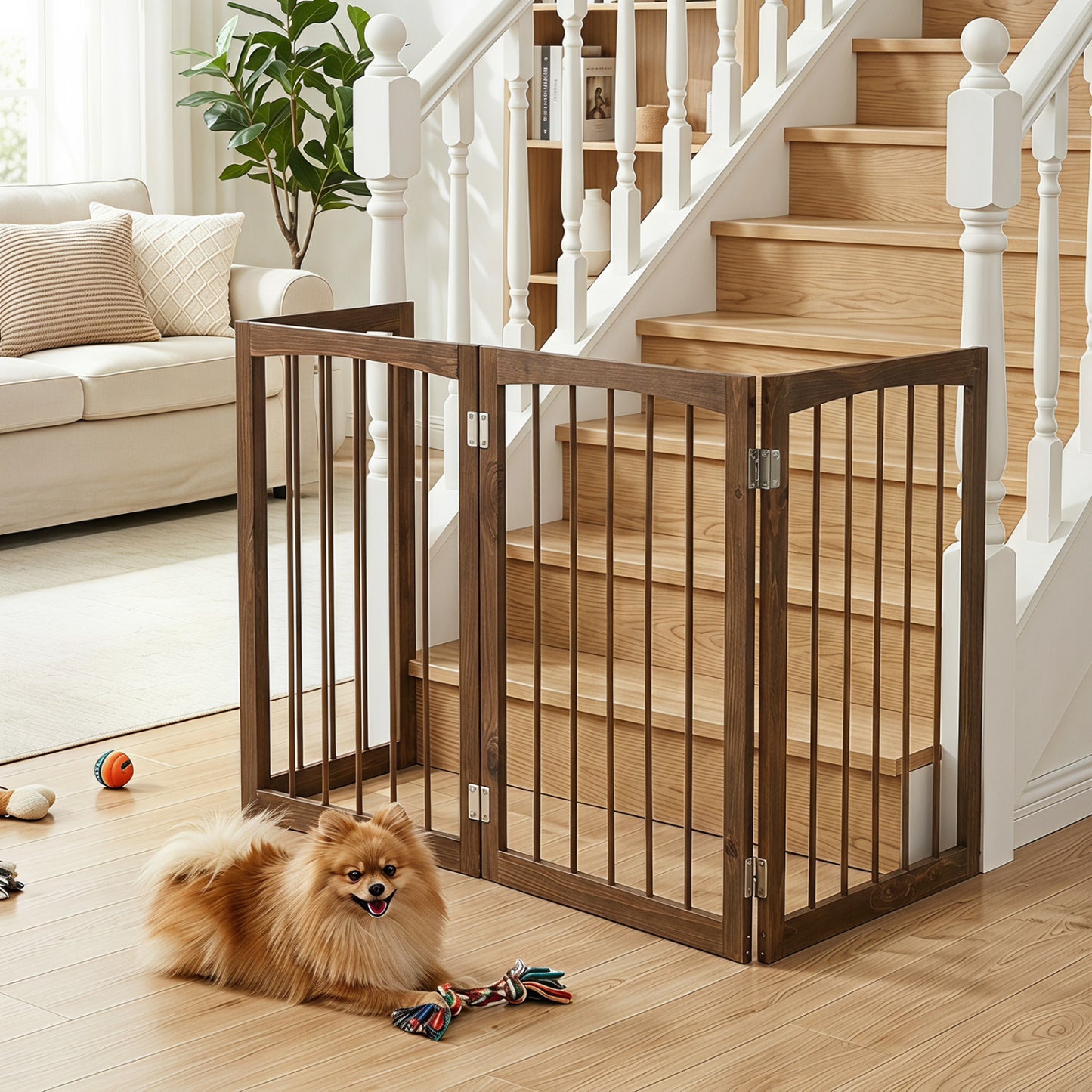 83 inch L x 30 inch H Dog Gate 4-Panel Wooden Pet Fence for Indoor-Brown