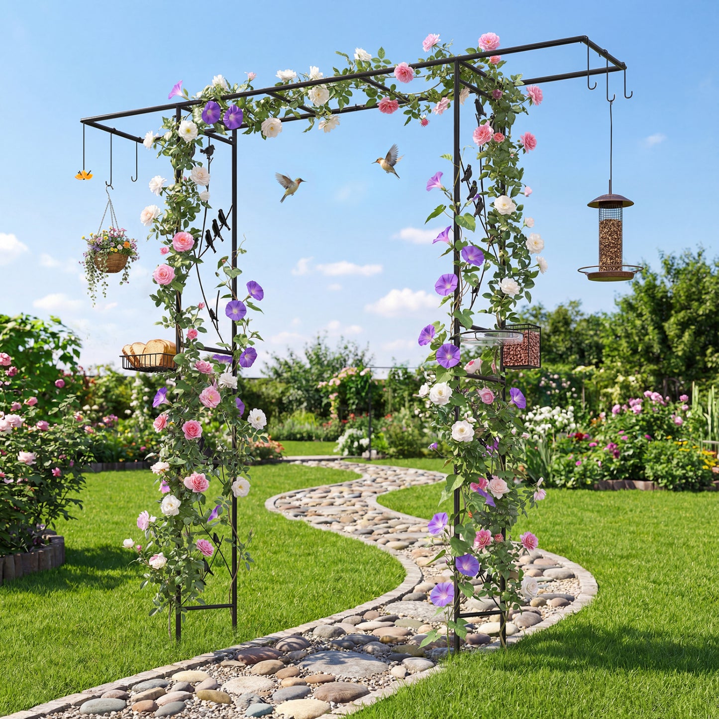 Black 84-inch garden arbor feeding station with water bowl and mesh tray, ideal for outdoor garden use.