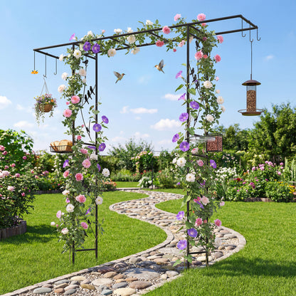 Black 84-inch garden arbor feeding station with water bowl and mesh tray, ideal for outdoor garden use.