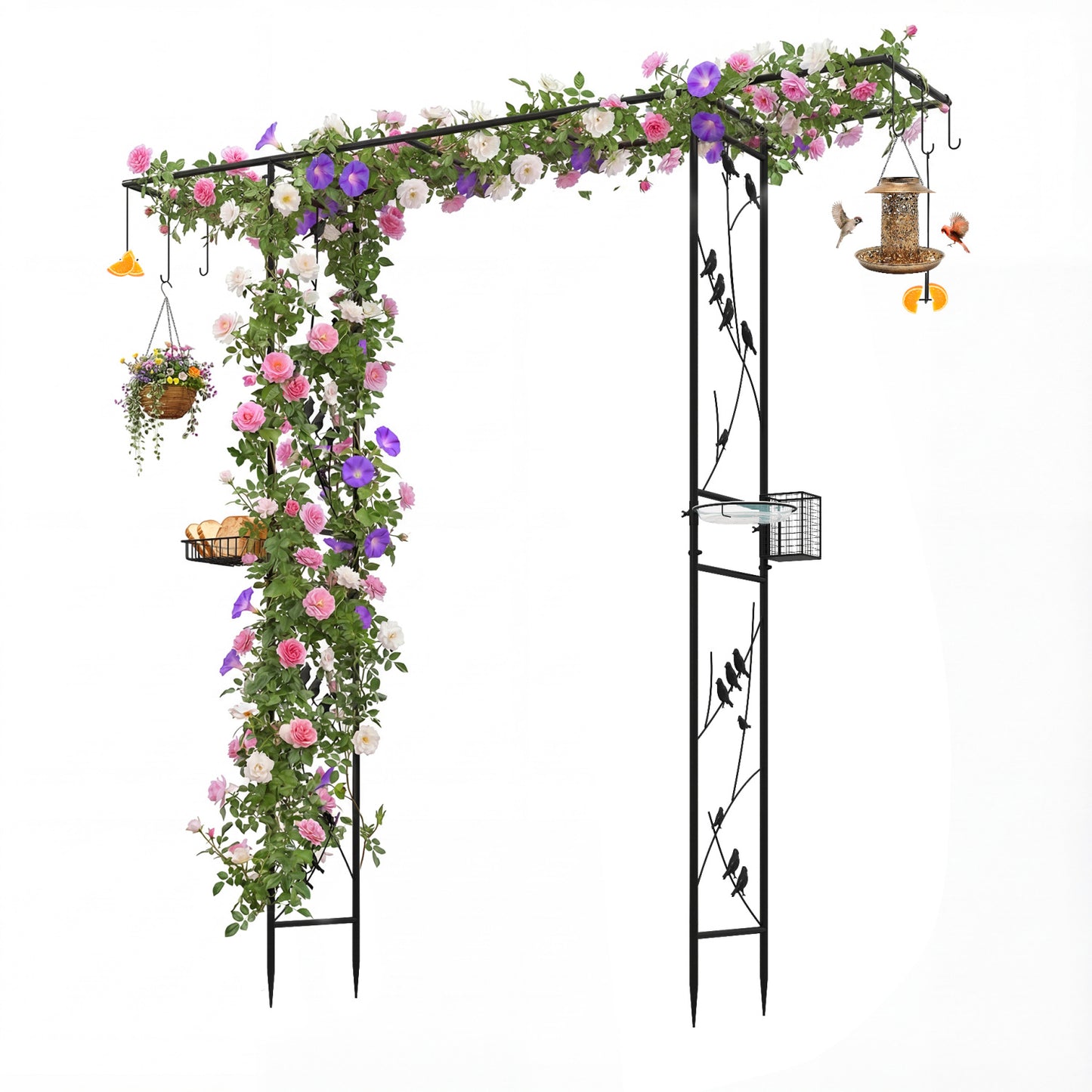 Black 84-inch garden arbor with feeding station, water bowl, and mesh tray for outdoor garden use.