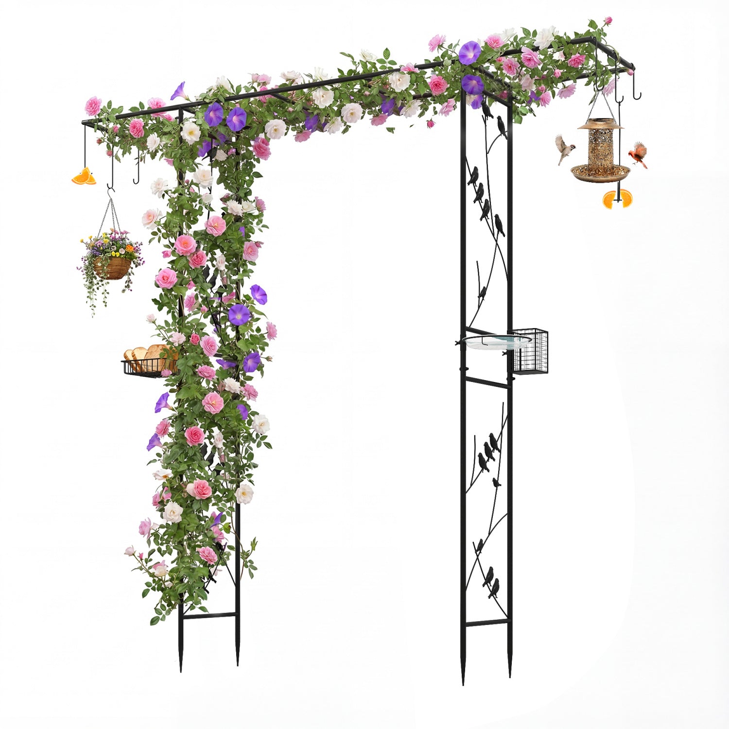 Black 84-inch garden arbor with feeding station, water bowl, and mesh tray for outdoor garden use.