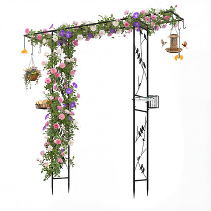 Black 84-inch garden arbor with feeding station, water bowl, and mesh tray for outdoor garden use.