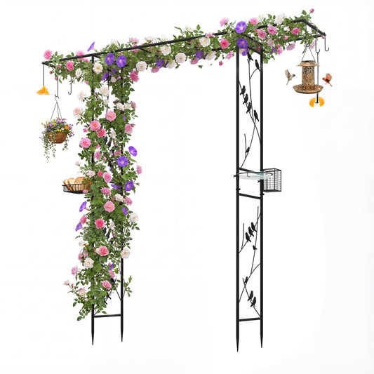 Black 84-inch garden arbor feeding station with water bowl and mesh tray for outdoor plant support and bird feeding.