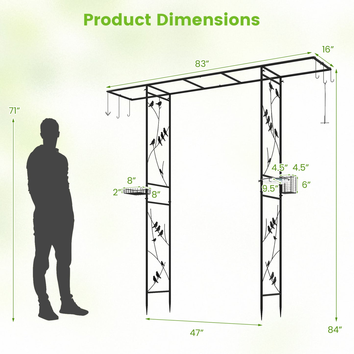 Black 84-inch garden arbor feeding station with water bowl and mesh tray, ideal for outdoor garden use.