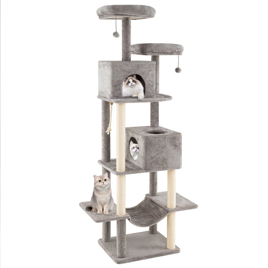 84 Inch Large Cat Tree with 2 Condos and 2 Soft Plush Perches for Indoor Cats-Gray