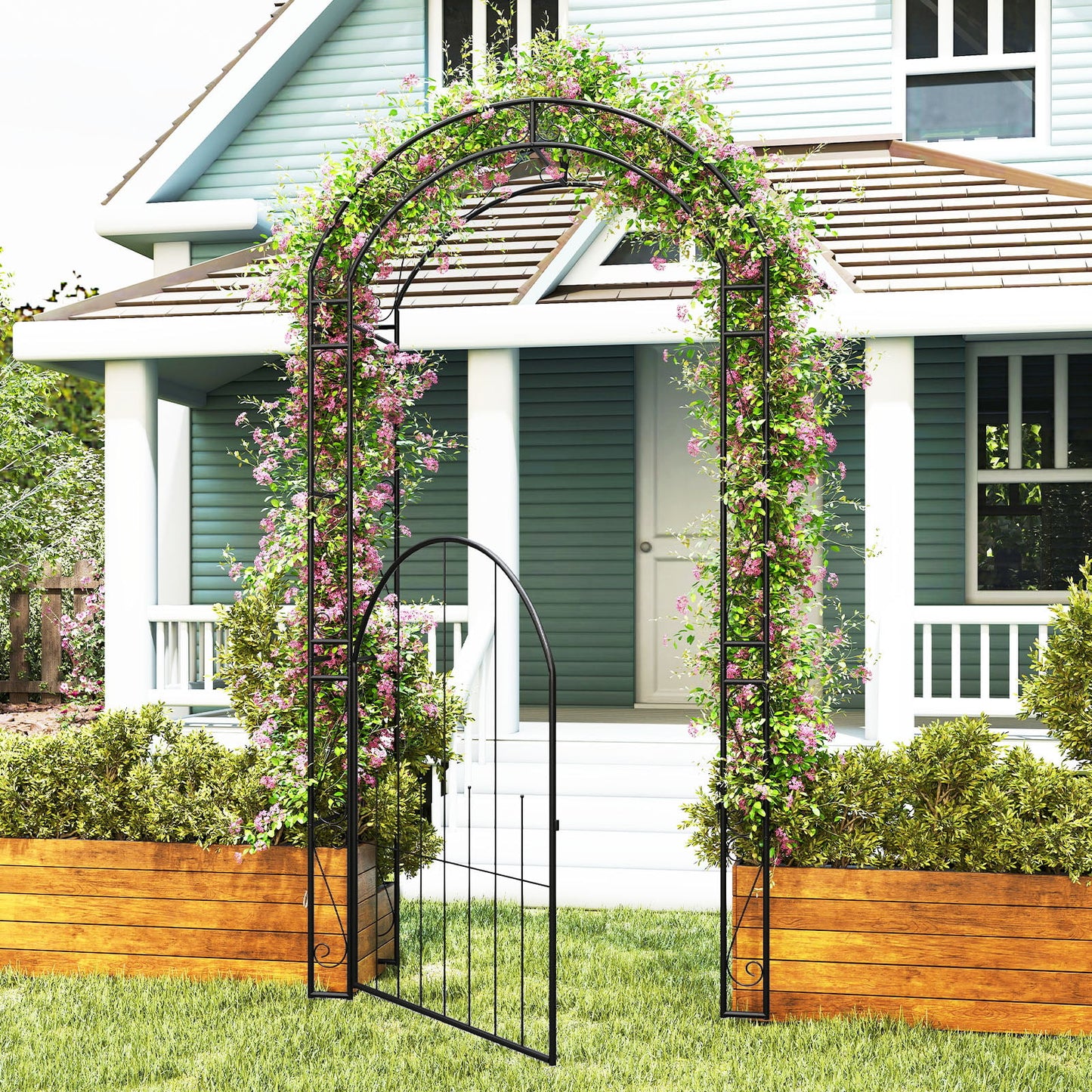 84 Inch Tall Garden Arch Metal Arbor Archway with Gate