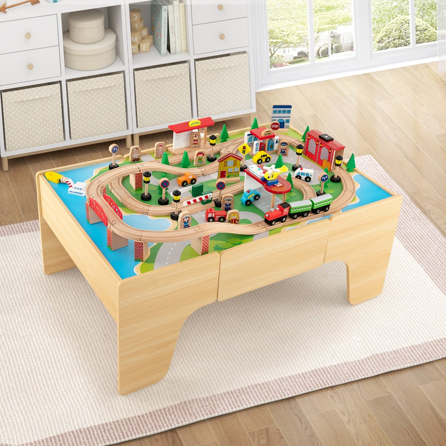 84-Piece Wooden Train and Activity Table with Reversible Top for Learning and Play