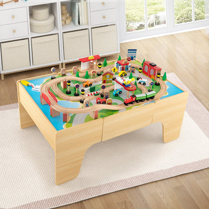 84-Piece Wooden Train and Activity Table with Reversible Top for Learning and Play