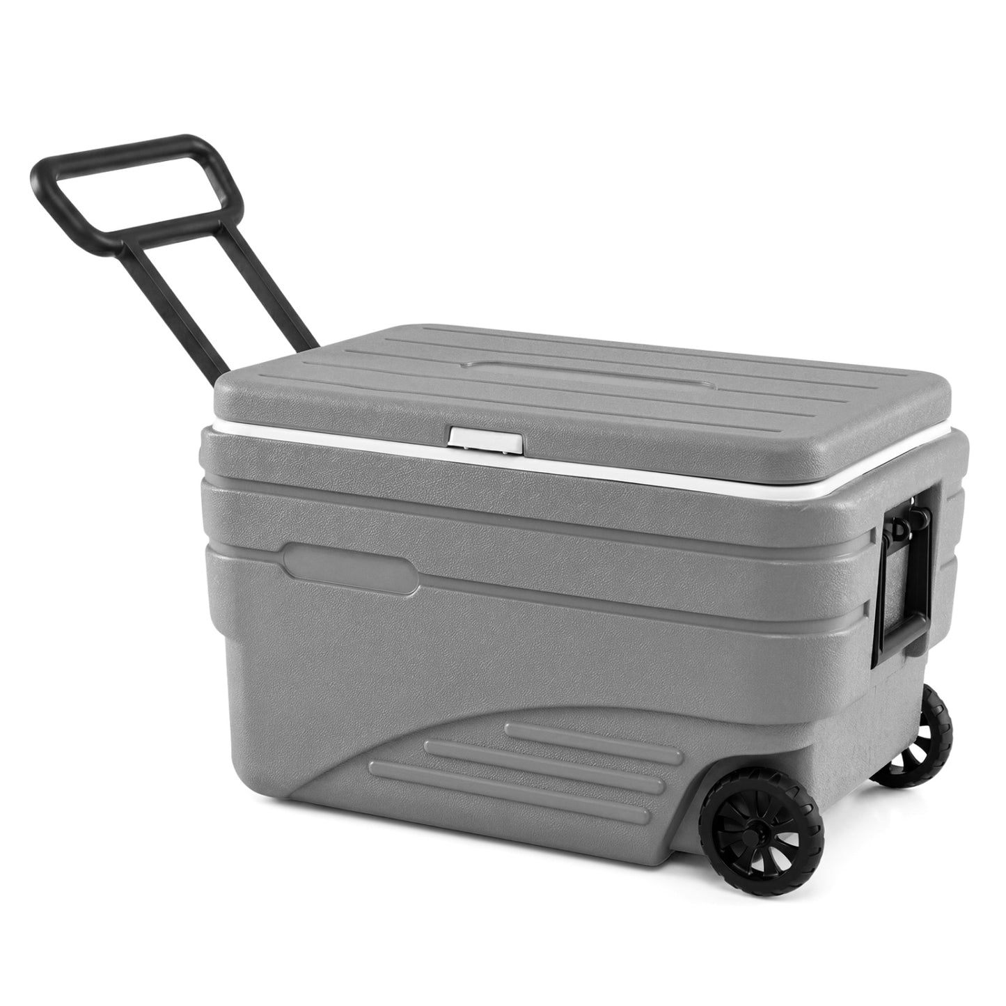 Gray 84-quart portable wheeled ice cooler with foldable handle, ideal for camping and outdoor activities.