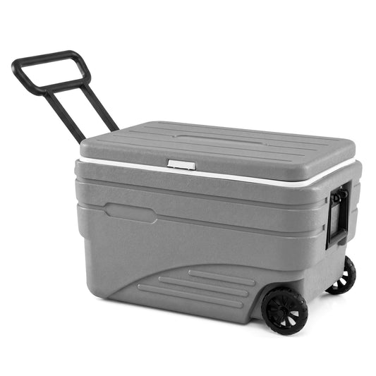 Gray 84-quart portable wheeled ice cooler with foldable handle, ideal for camping and outdoor activities.