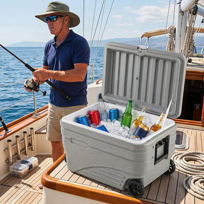 Gray 84-quart portable wheeled ice cooler with foldable pull handle, ideal for outdoor camping and outdoor activities.