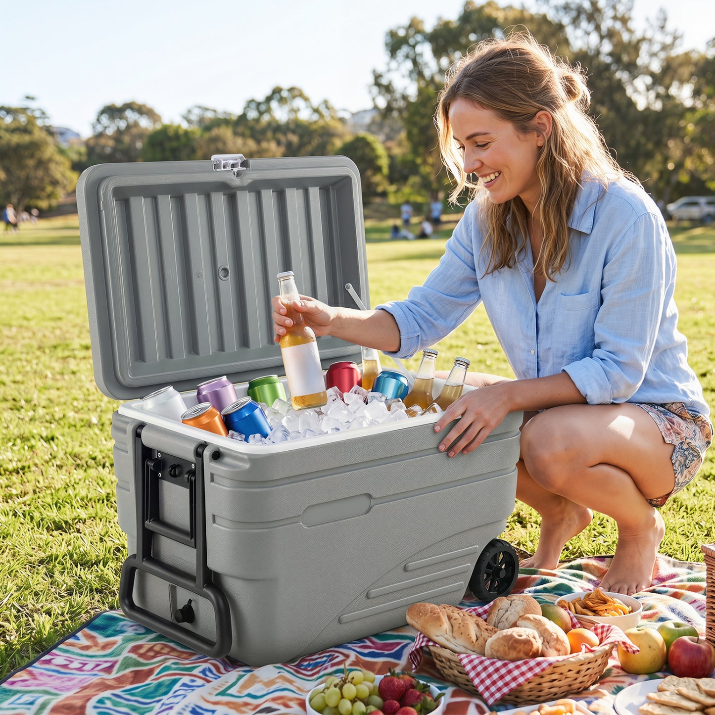 Gray 84-quart portable wheeled ice cooler with foldable pull handle, ideal for outdoor camping and outdoor activities.