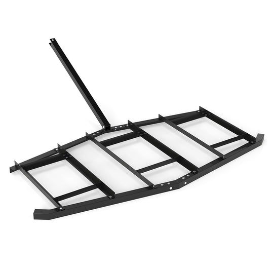 Black 84-inch wide driveway drag and landscape leveling rake with reinforced bars, ideal for lawn and garden leveling.
