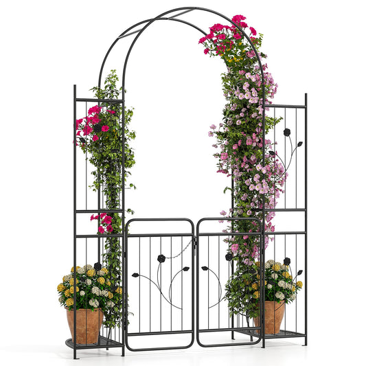 87-inch tall garden arch with gate, planter shelves, and climbing trellises for outdoor garden plant support.