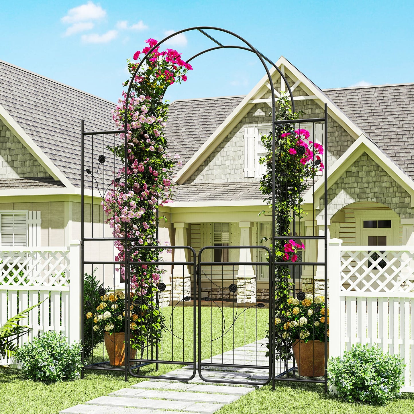 87 inch Tall Garden Arch with Gate Planter Shelves Climbing Trellises