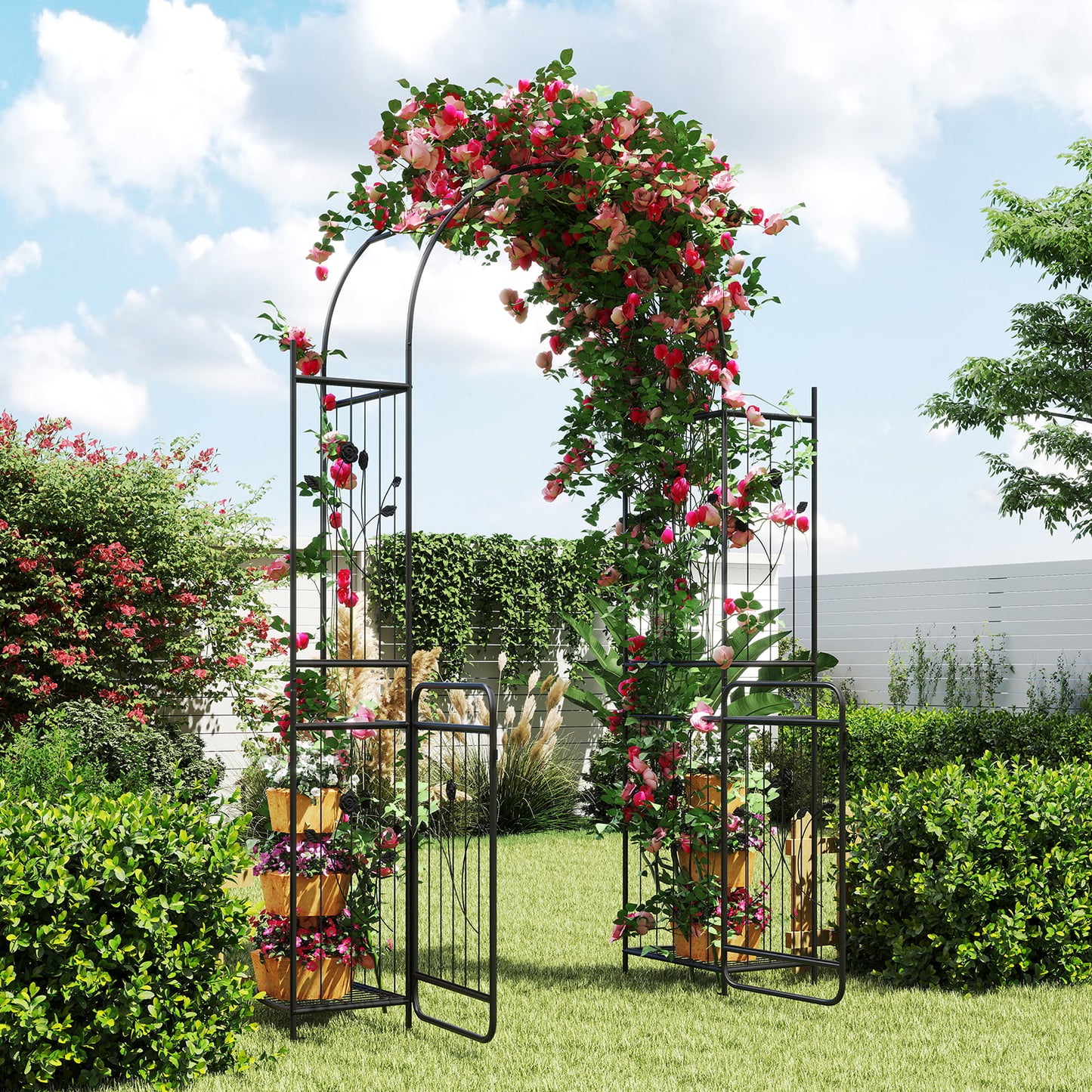 87 inch Tall Garden Arch with Gate Planter Shelves Climbing Trellises