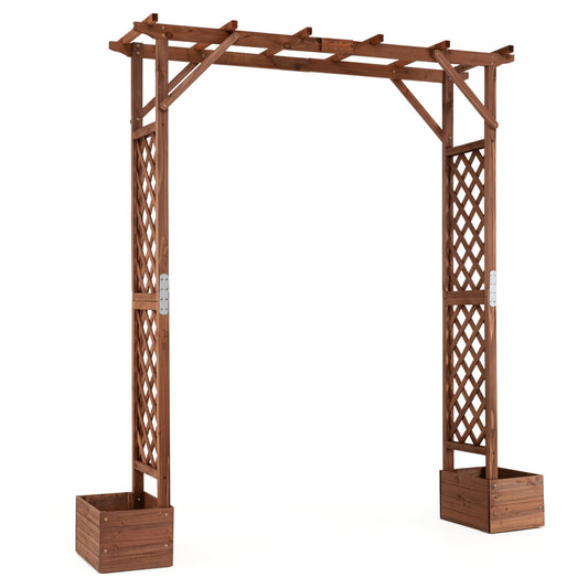 Tall wooden garden arbor with planter boxes and hanging roof for climbing plants, orange finish, ideal for outdoor garden spaces.