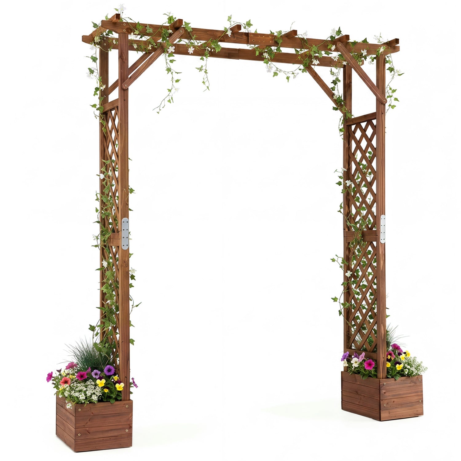 Tall wooden garden arbor with planter boxes and hanging roof, ideal for climbing plants, in orange color.