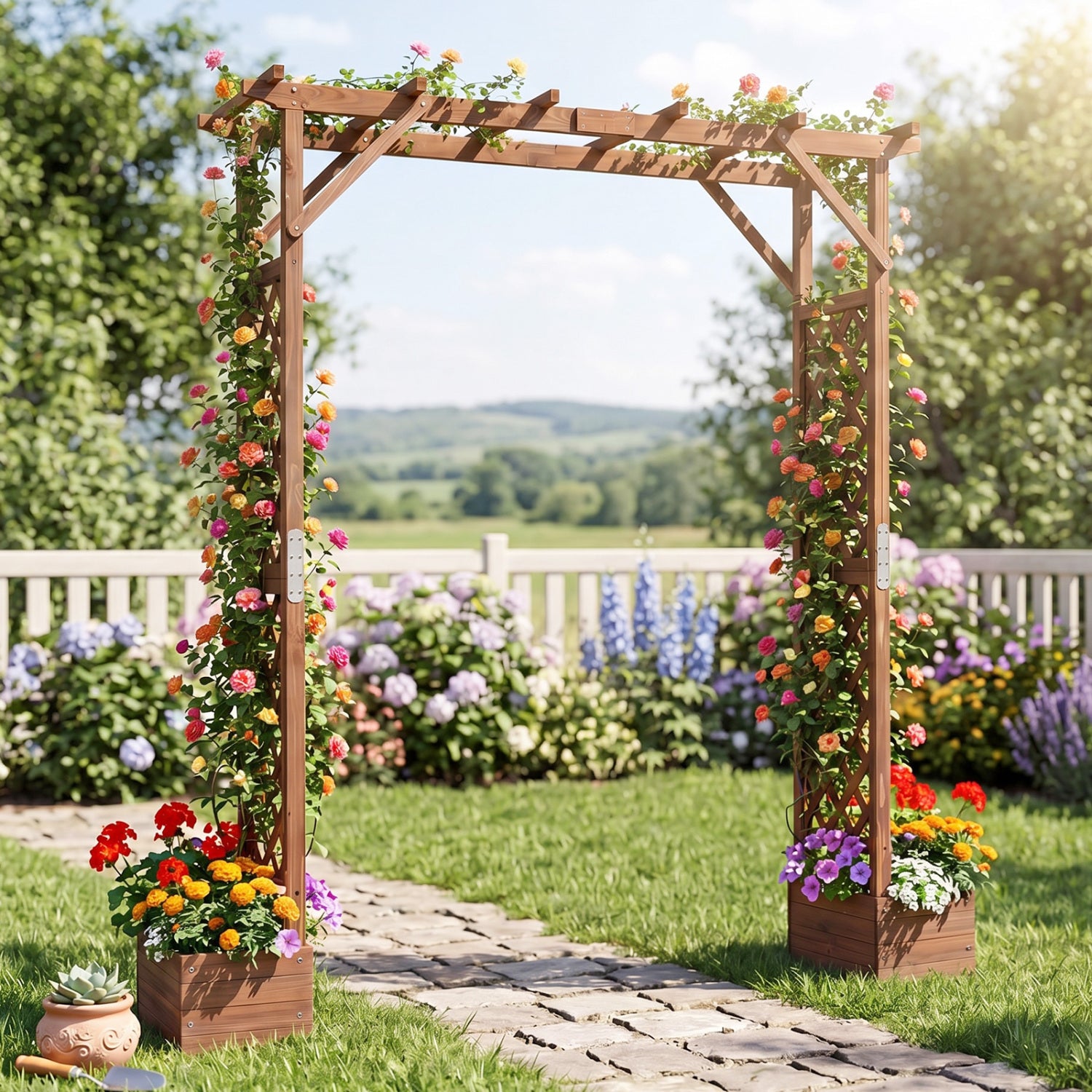 Tall wooden garden arbor with planter boxes and hanging roof for climbing plants, 87 inches high, by Wilsons Home Store.