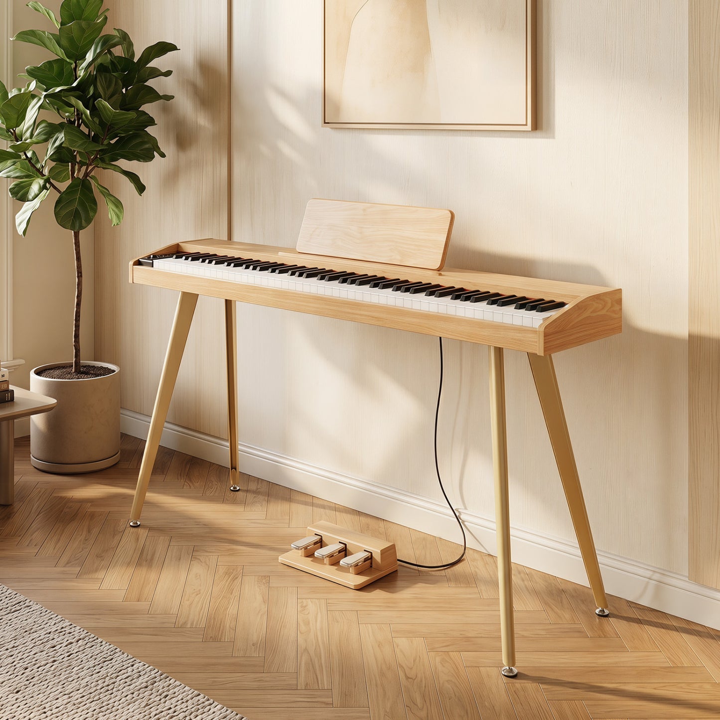 88-key semi-weighted digital piano by Wilsons Home Store with 3 pedal unit and 80 demo songs, natural finish.