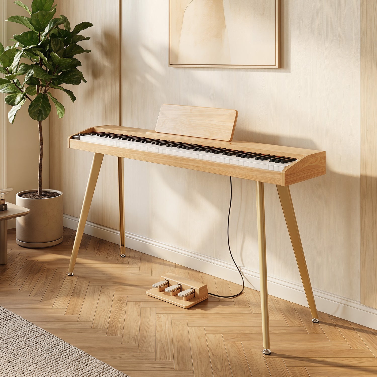 88-key semi-weighted digital piano by Wilsons Home Store with 3 pedal unit and 80 demo songs, natural finish.