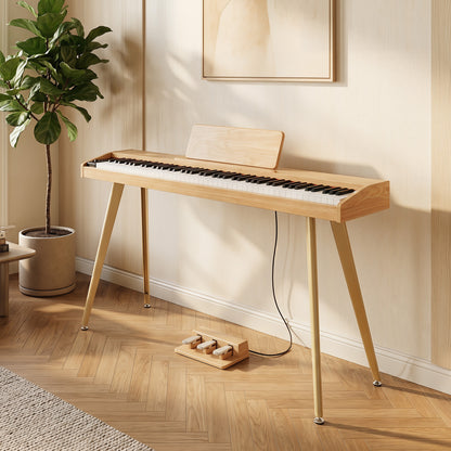 88-key semi-weighted digital piano by Wilsons Home Store with 3 pedal unit and 80 demo songs, natural finish.