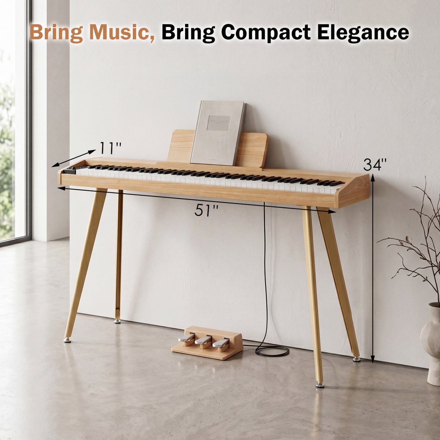 88-key semi-weighted digital piano by Wilsons Home Store with 3-pedal unit and 80 demo songs, natural finish.