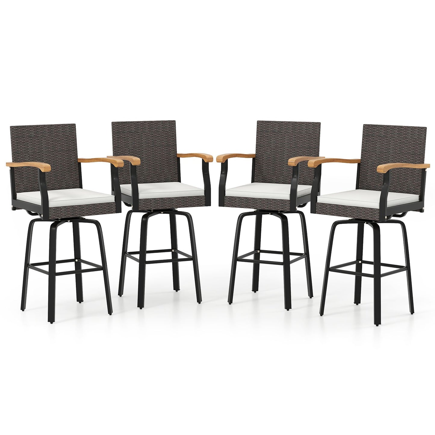 Set of 2 Outdoor 360° Swivel Bar Stool with Cushion and Acacia Wood Armrests