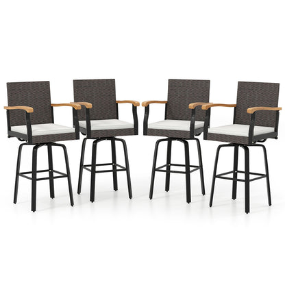 Set of 2 Outdoor 360° Swivel Bar Stool with Cushion and Acacia Wood Armrests