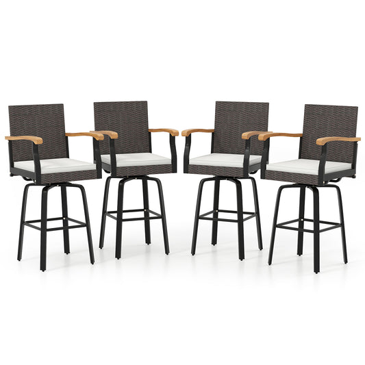 Set of 4 outdoor swivel bar stools with cushions and acacia wood armrests, suitable for patio bar furniture.