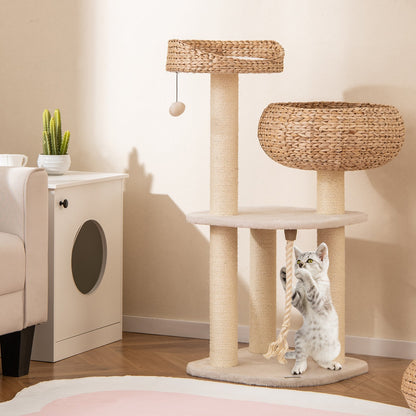 41 Inch Rattan Cat Tree with Napping Perch-Beige