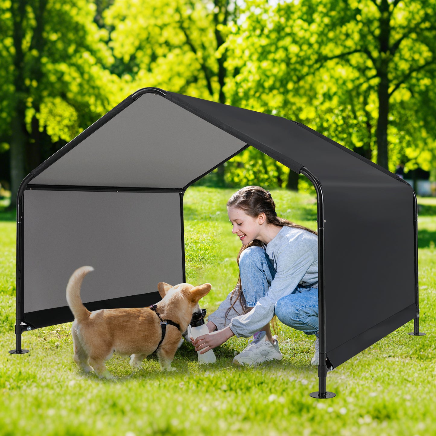 Dog Shade Shelter with Waterproof Roof for Large Medium Small Breeds-Black