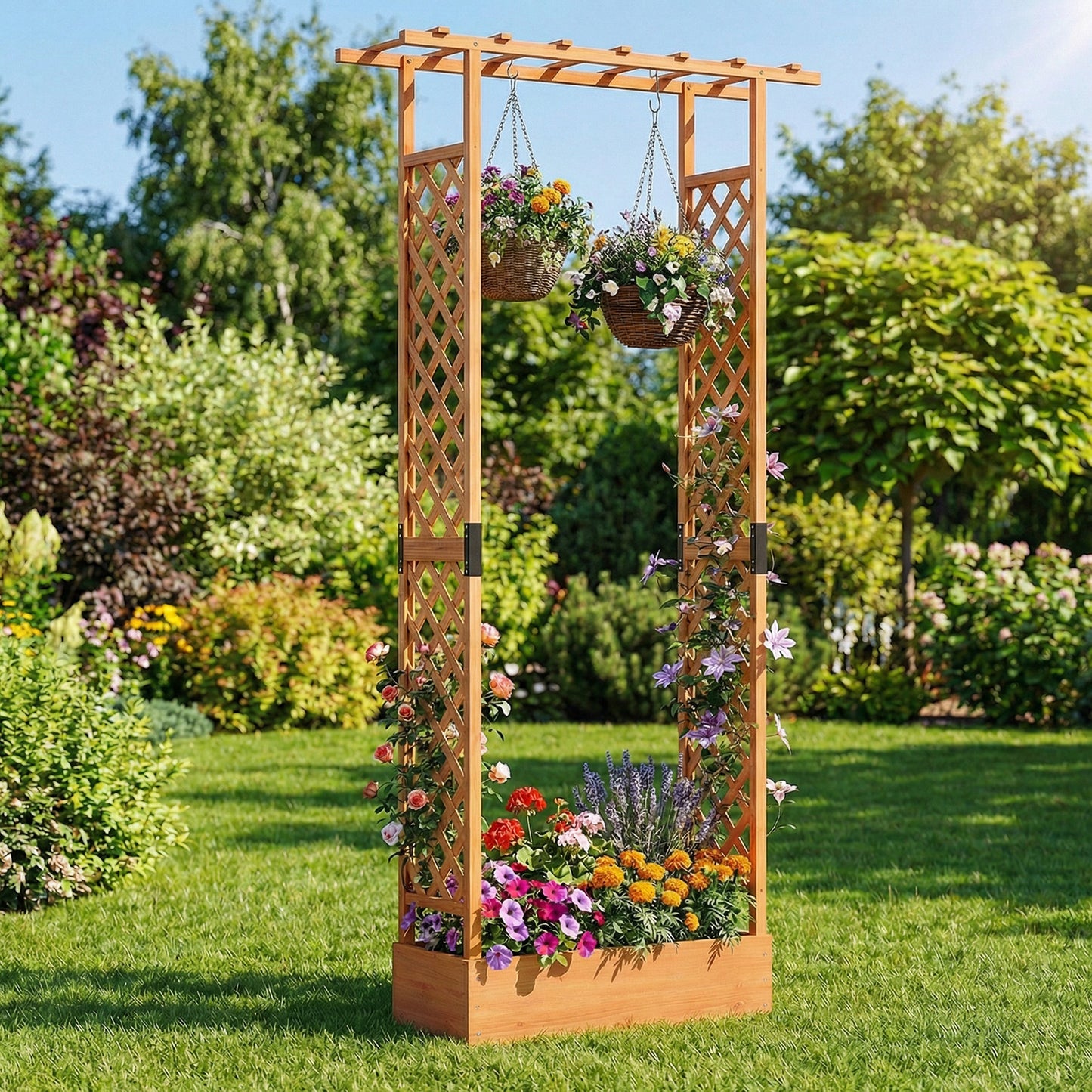 89 Inch Tall Wooden Raised Garden Bed with Side Trellis and Hanging Roof Drainage Holes-Natural