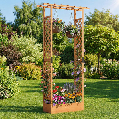 89 Inch Tall Wooden Raised Garden Bed with Side Trellis and Hanging Roof Drainage Holes-Natural