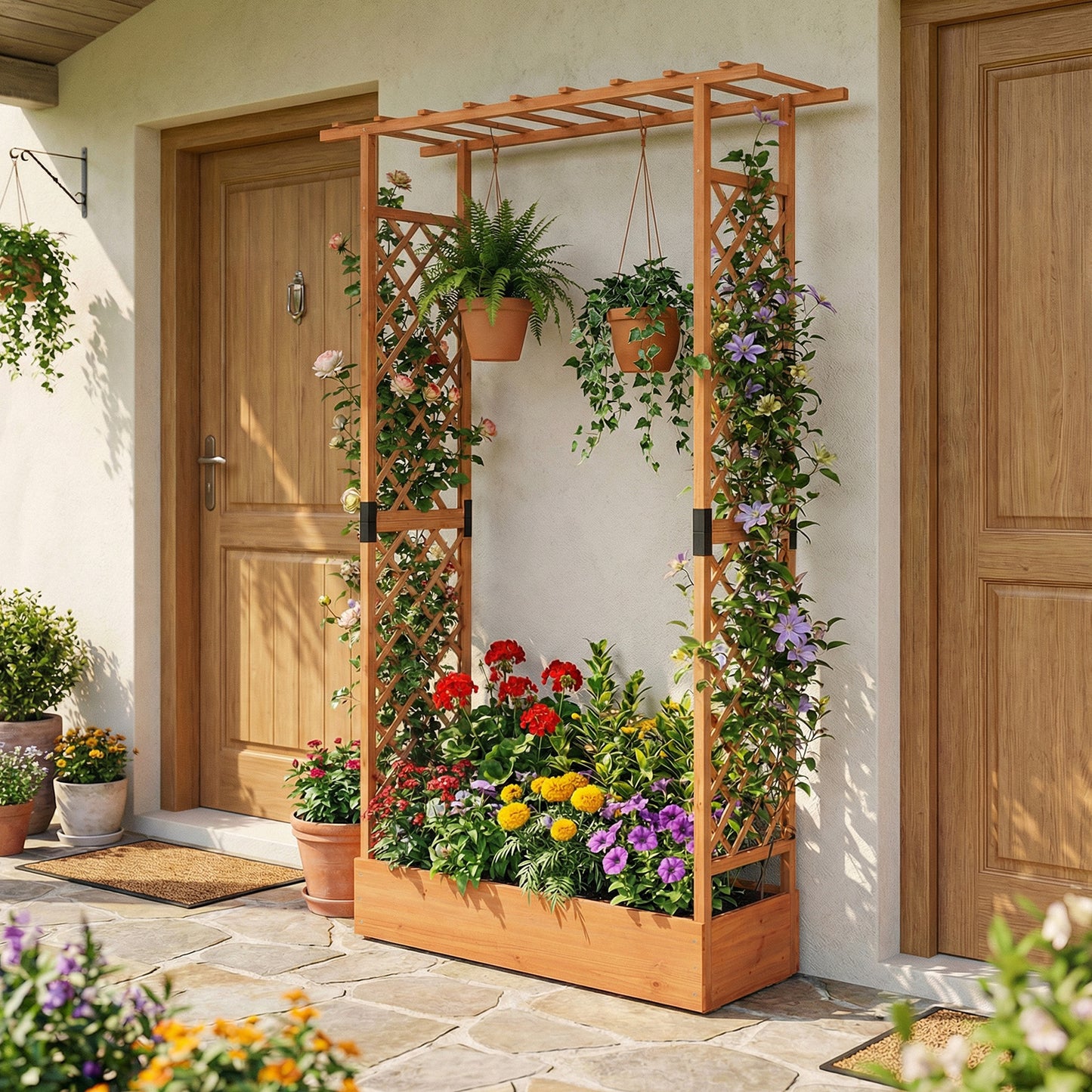 89 Inch Tall Wooden Raised Garden Bed with Side Trellis and Hanging Roof Drainage Holes-Natural