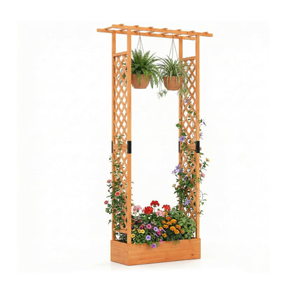 89 Inch Tall Wooden Raised Garden Bed with Side Trellis and Hanging Roof Drainage Holes-Natural