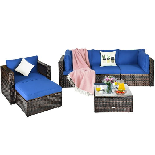 6 Pieces Patio Rattan Furniture Set with Sectional Cushion-Blue
