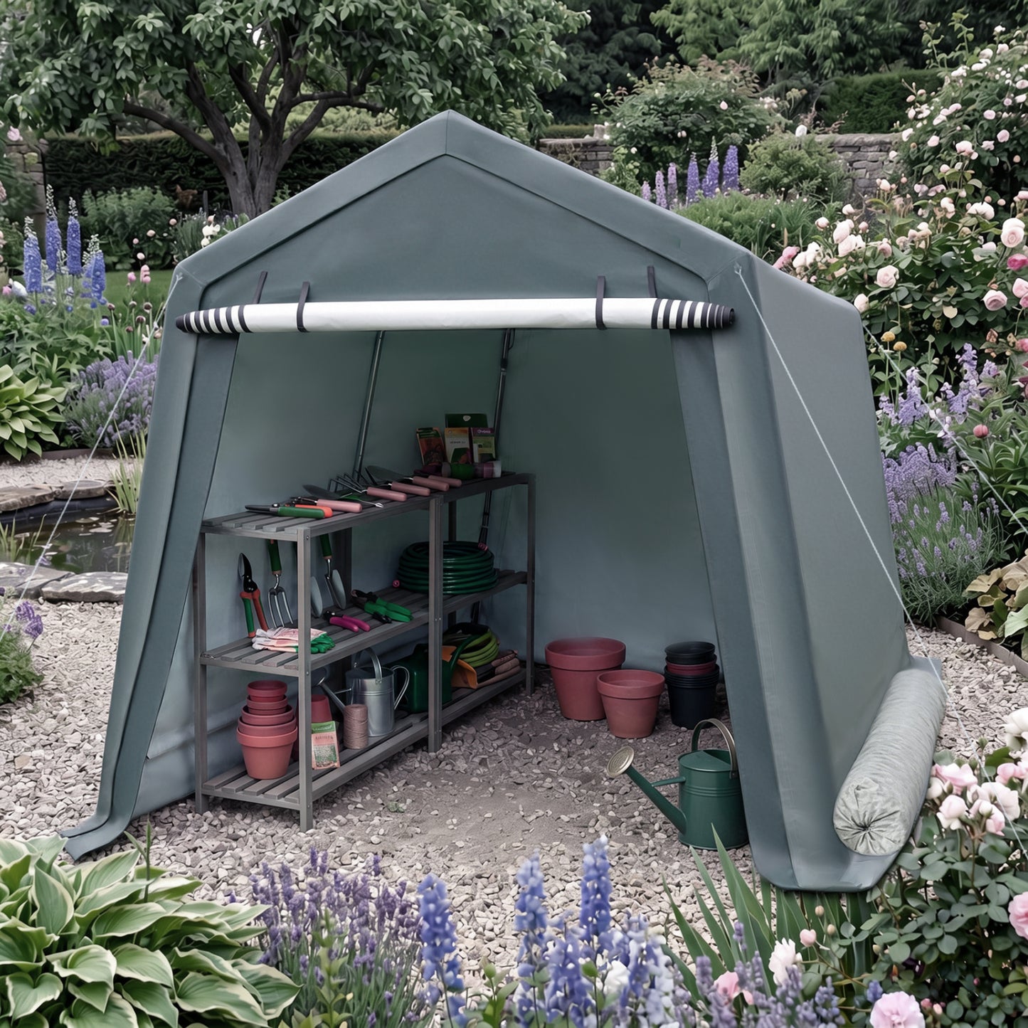 8.3 x 14 Feet Outdoor Storage Shed with Roll-Up Zipper Door-Green