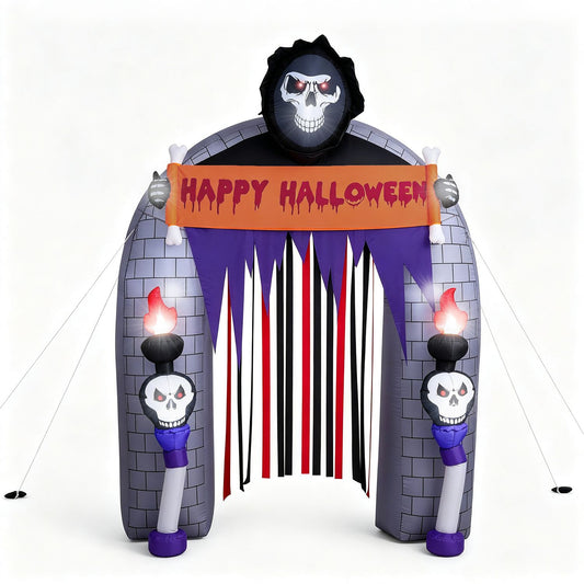 8.5 ft haunted reaper archway with built-in LED lights for Halloween yard or garden party decor.
