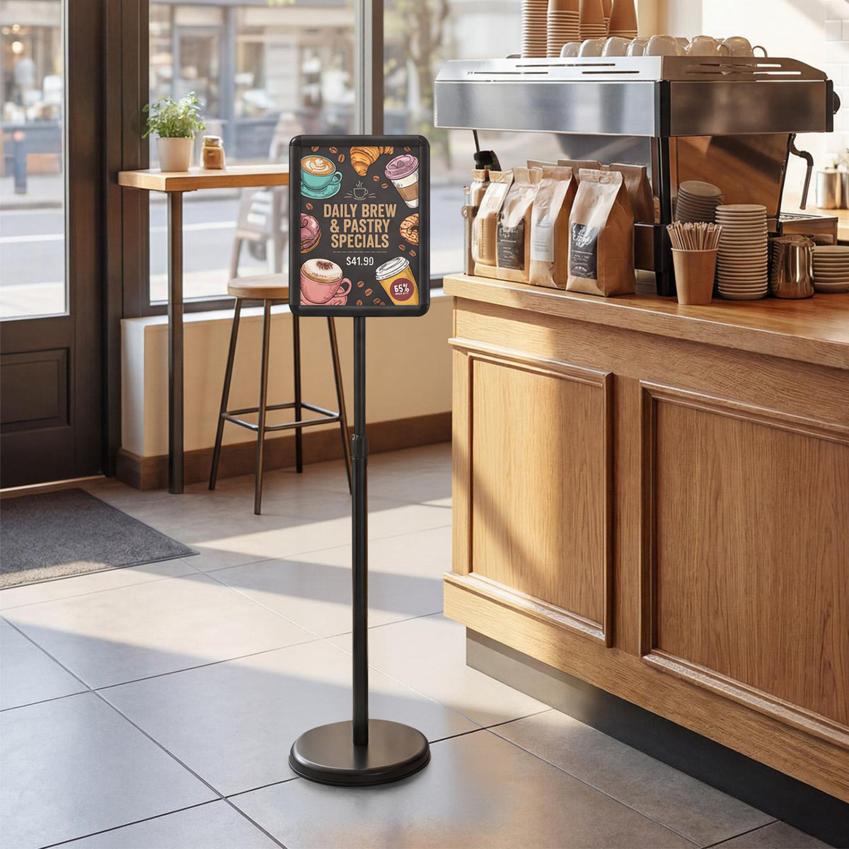 Black 8.5x11 inch sign holder stand with snap-open frame and 360° rotation, ideal for home office displays.