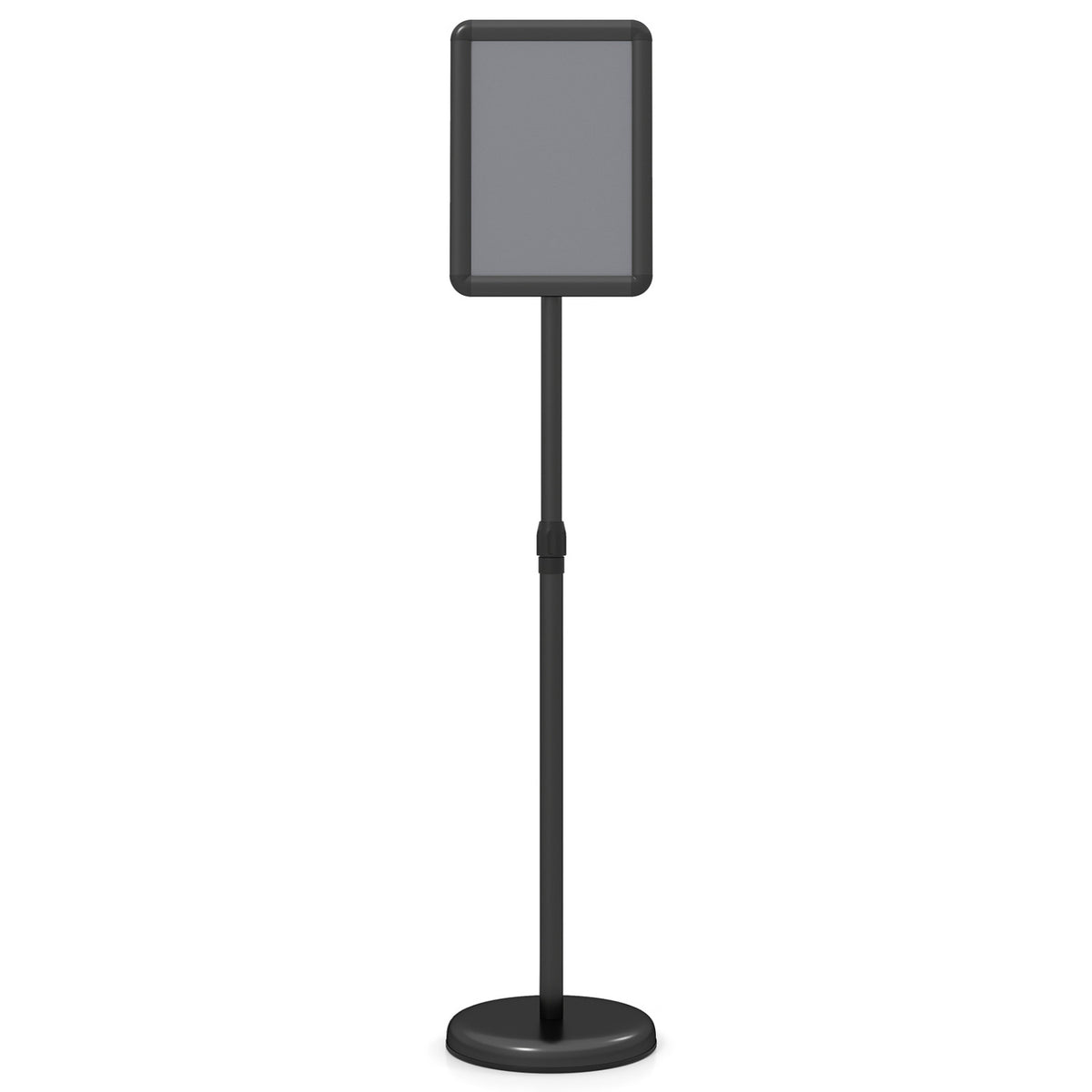 Black 8.5 x 11-inch sign holder stand with snap-open frame and 360° rotation, ideal for home office displays.