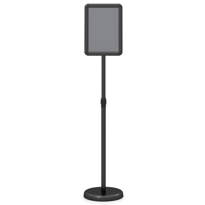 Black 8.5 x 11-inch sign holder stand with snap-open frame and 360° rotation, ideal for home office displays.