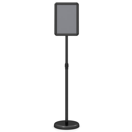 Black 8.5 x 11-inch sign holder stand with snap-open frame and 360° rotation, ideal for home office displays.